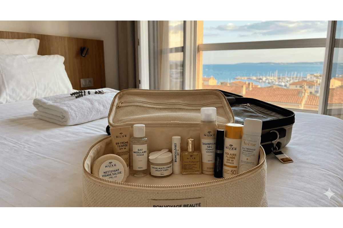 Trousse beauté voyage Nuxe Avène nettoyant solide BB crème shampoing sec SPF eau micellaire chambre hôtel vue port