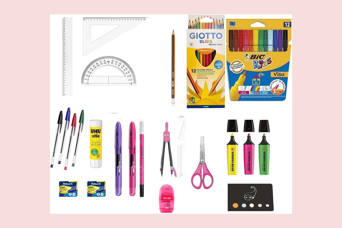 Kit spécial collège fournitures scolaires 22 pièces Blumie index adhésif rose stylos surligneurs