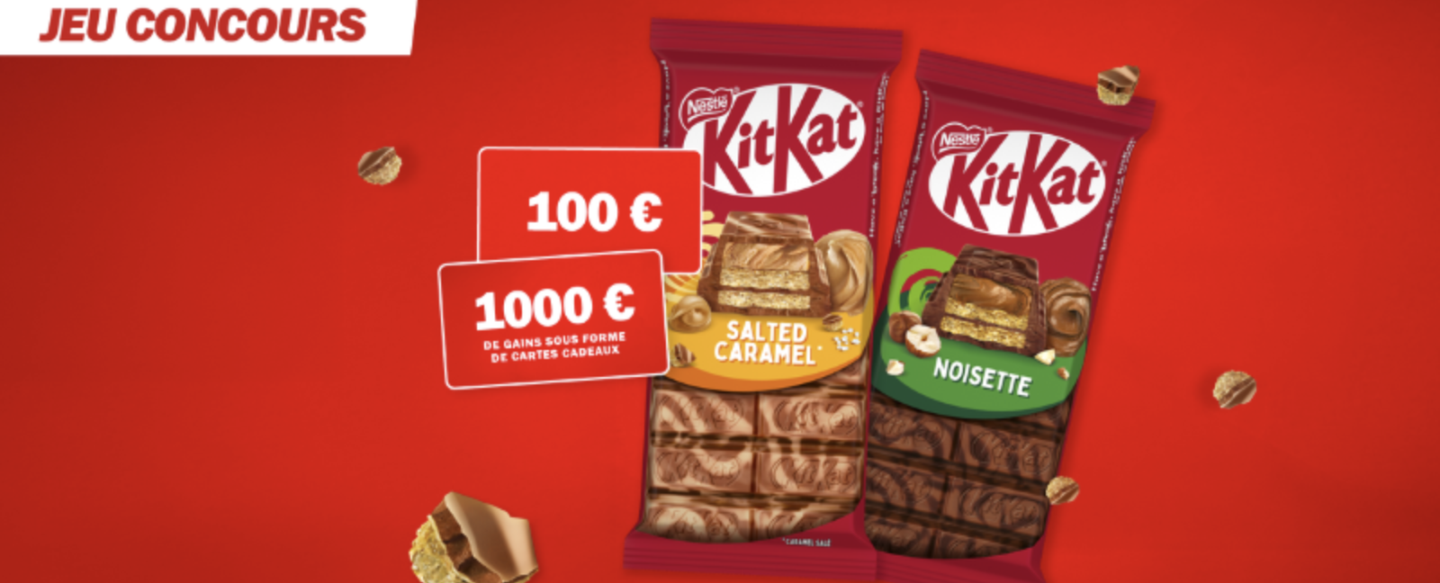 Jeu concours KitKat avec tablettes Caramel Salé et Noisette et cartes cadeaux 100€ et 1000€