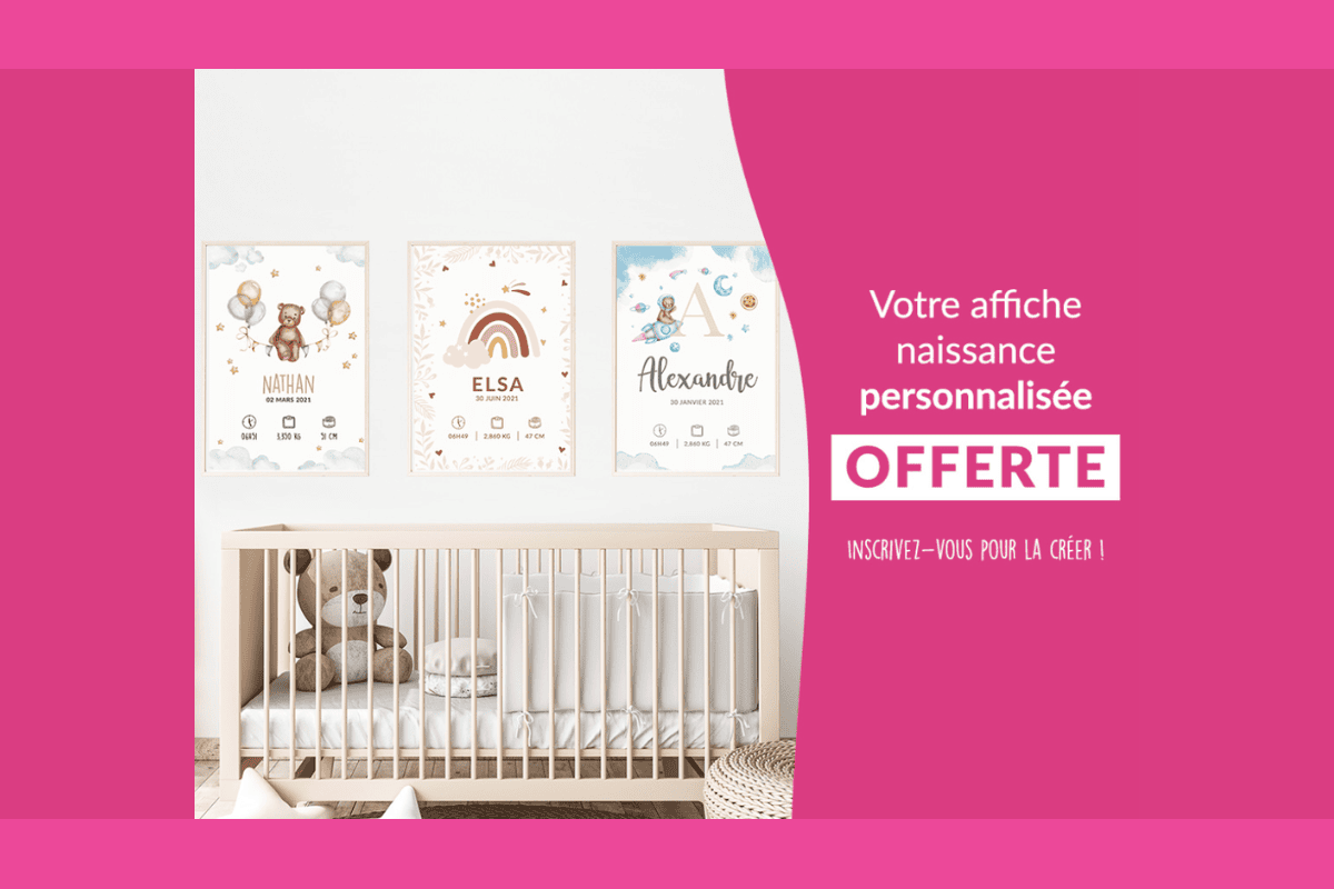 La Boîte Rose affiche naissance personnalisée gratuite bébé prénom date poids taille décoration chambre Nathan Elsa Alexandre