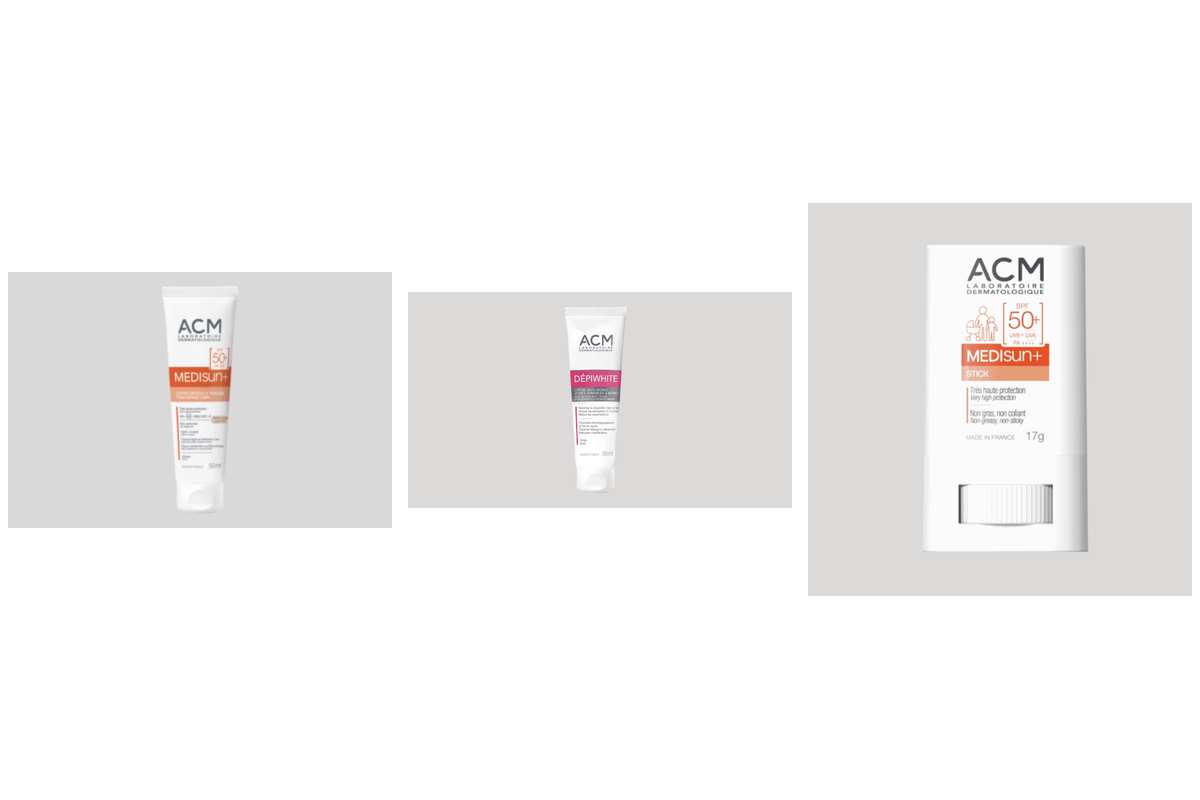 Trois soins du Laboratoire ACM proposés aux ambassadeurs : crème minérale teintée Medisun+ SPF 50, crème anti-taches Dépiwhite et stick solaire SPF 50