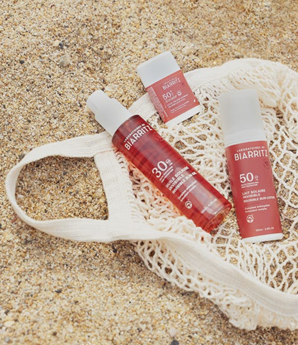 Laboratoires de Biarritz solaires bio lait sport huile SPF 30 et 50 sur plage