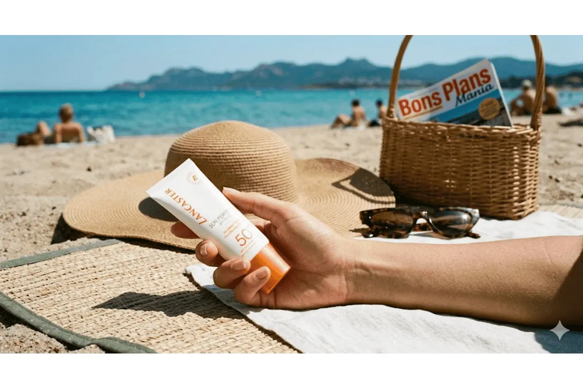 Lancaster Sun Perfect SPF 50 crème éclat tube blanc orange plage sable chapeau paille lunettes panier osier