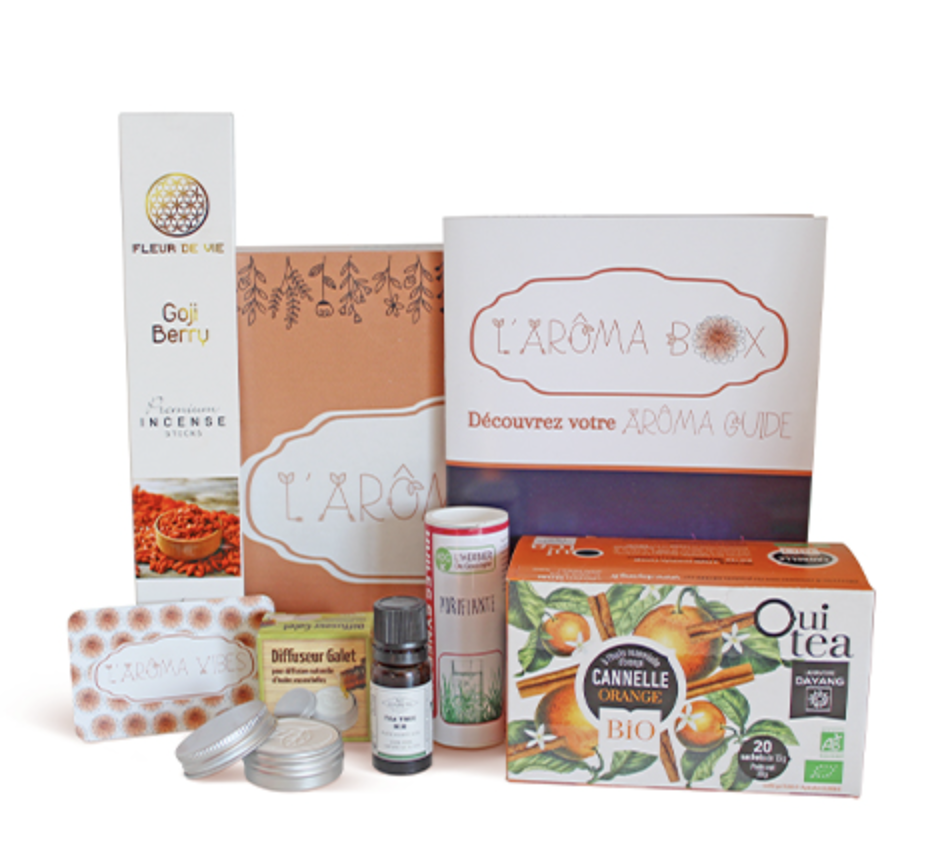 Exemple de box avec tisane, huile essentielle et soins naturels