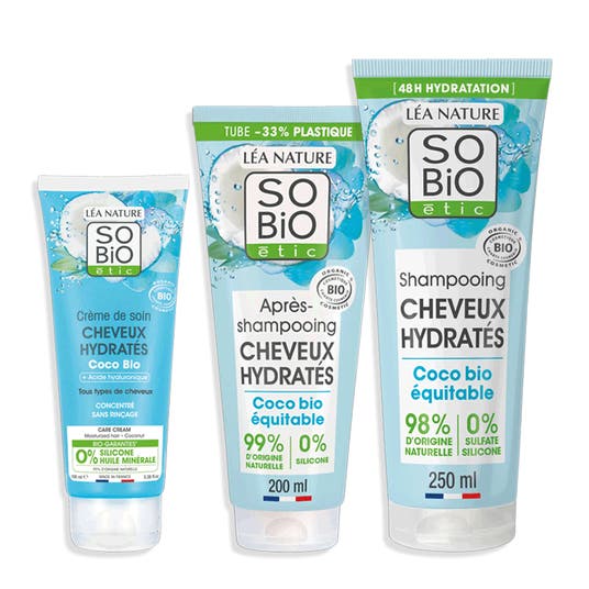 Routine cheveux hydratés Coco Bio SO'BiO étic avec shampooing, après-shampooing et crème de soin