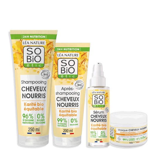 Routine Nutrition experte Karité Bio SO'BiO étic avec shampooing, après-shampooing, masque et sérum