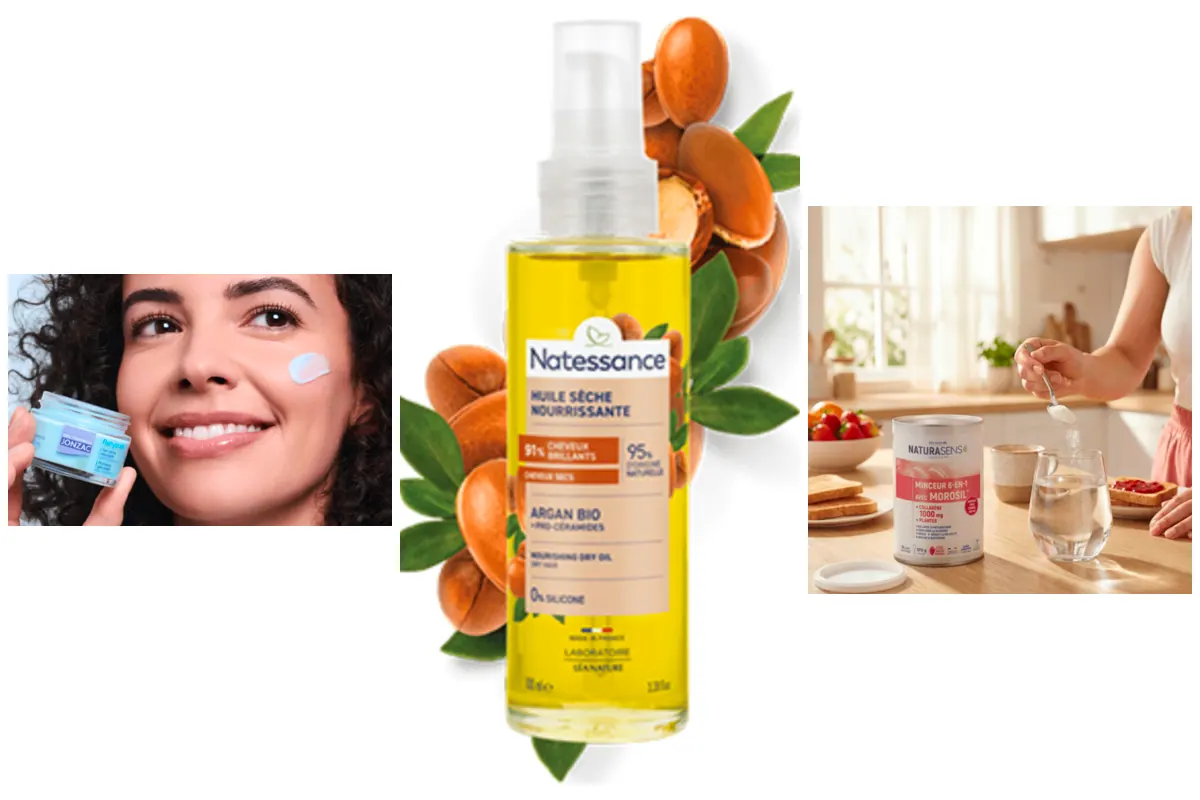 Trois produits des marques Léa Nature testés par le club : gel-crème Eau Thermale Jonzac, huile capillaire à l'argan Natessance et complément minceur Naturasens