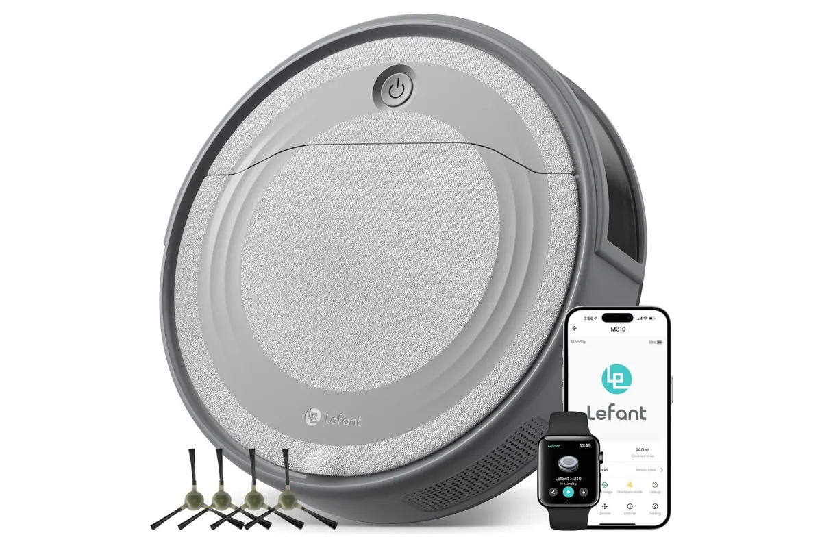Robot aspirateur Lefant M310 gris et noir vu de dessus, avec ses brosses latérales de rechange et l'application sur smartphone