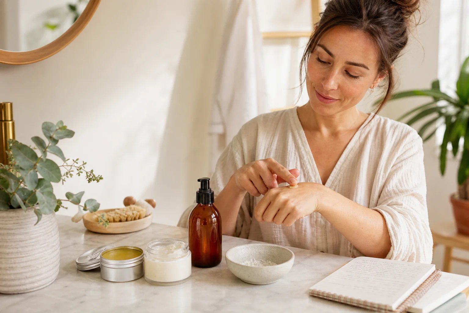 Routine de cosmétiques naturels avec baume, crème et poudre nettoyante pour un test et avis