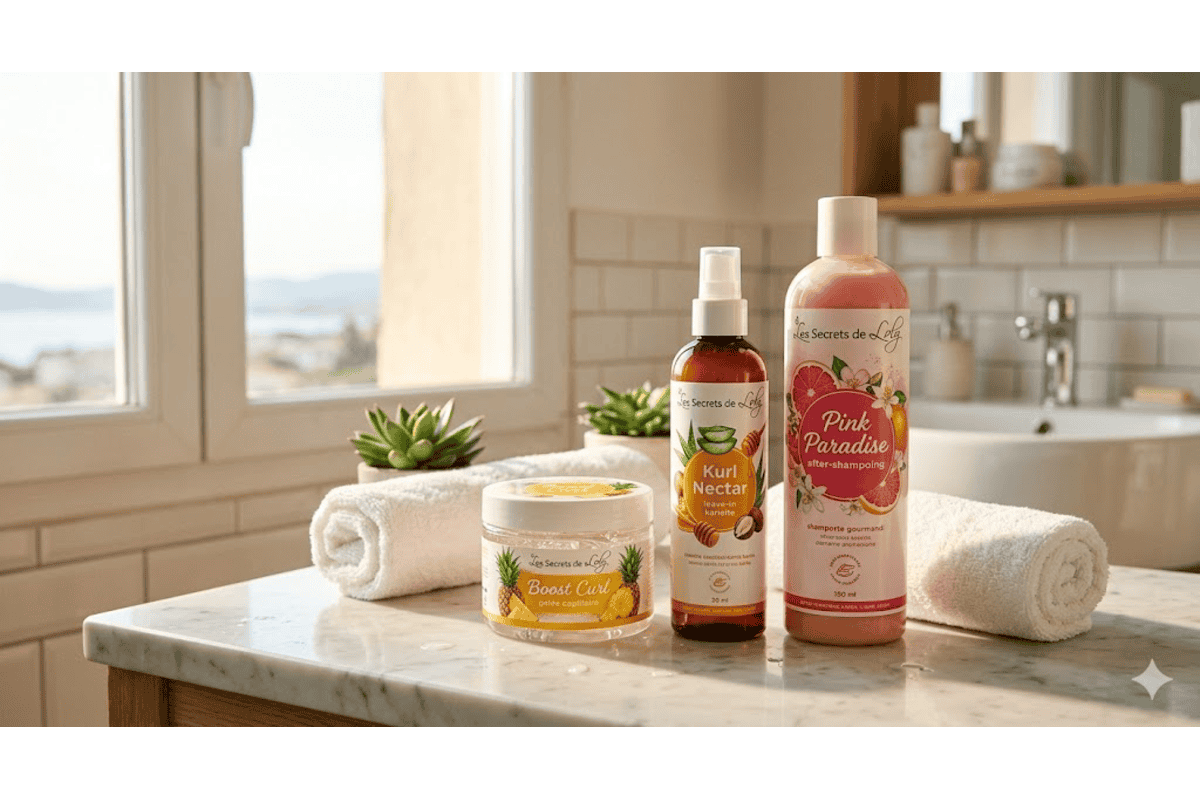 Les Secrets de Loly gamme Pink Paradise Kurl Nectar Boost Curl gelée flacon rose marbre serviettes salle de bain vue mer