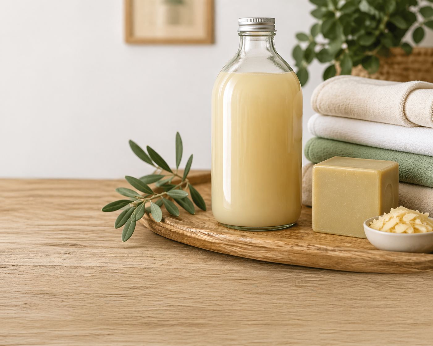 Lessive maison naturelle au savon de Marseille bouteille en verre et linge plié écologique