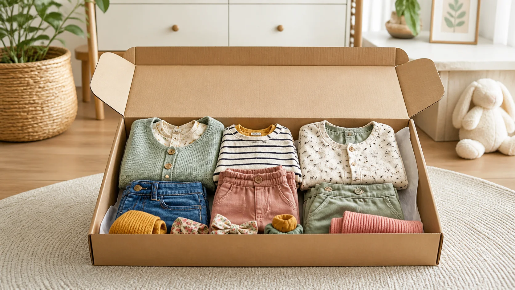Malle ouverte contenant trois tenues personnalisées pour enfant