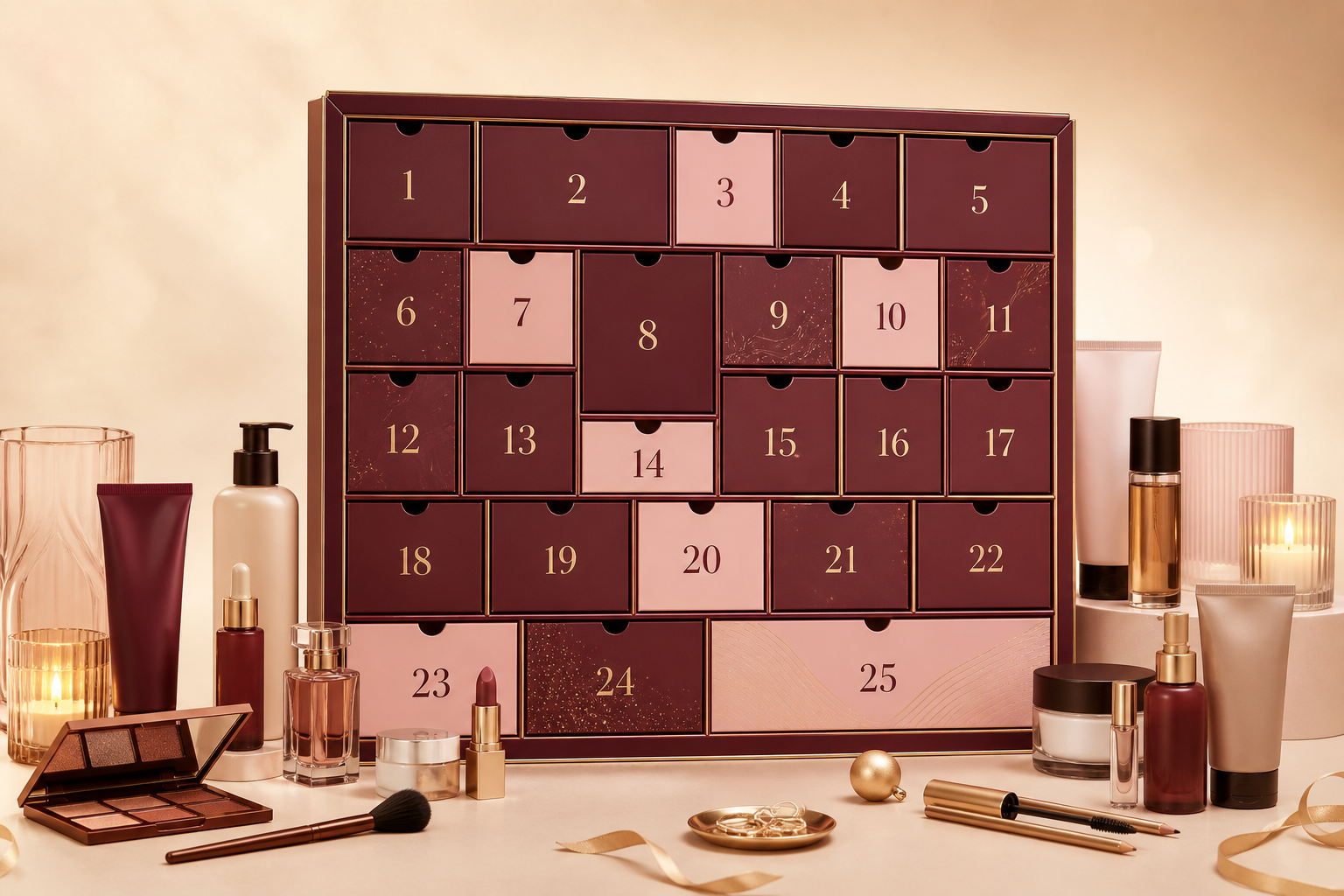 Illustration éditoriale d'un calendrier de l'Avent beauté avec 25 cases et des produits cosmétiques
