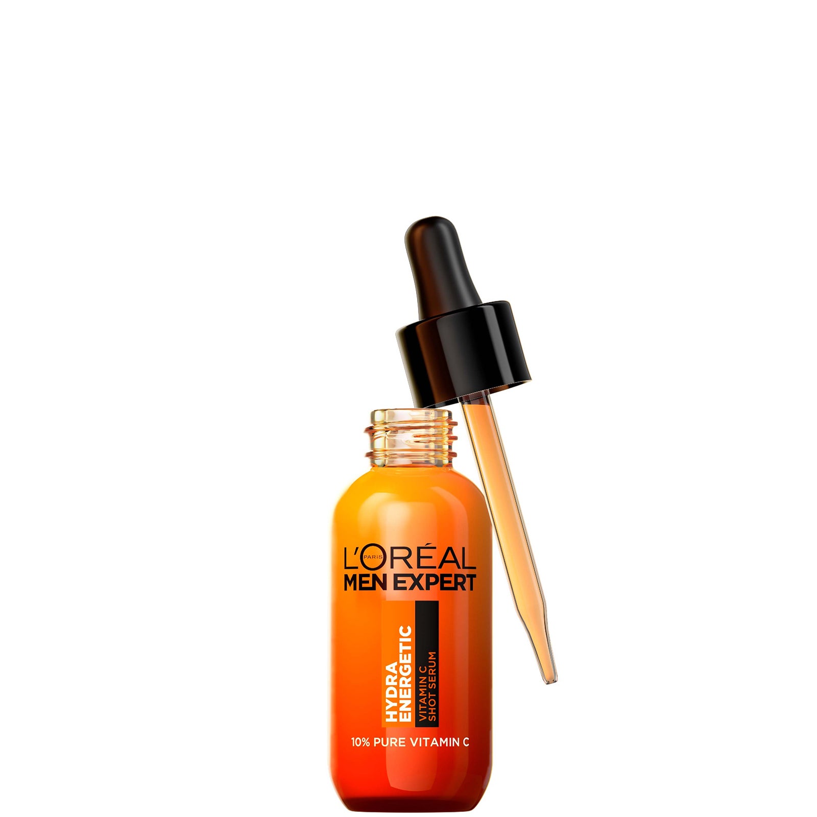 Flacon orange du sérum L’Oréal Men Expert Hydra Energetic 10 % vitamine C avec pipette