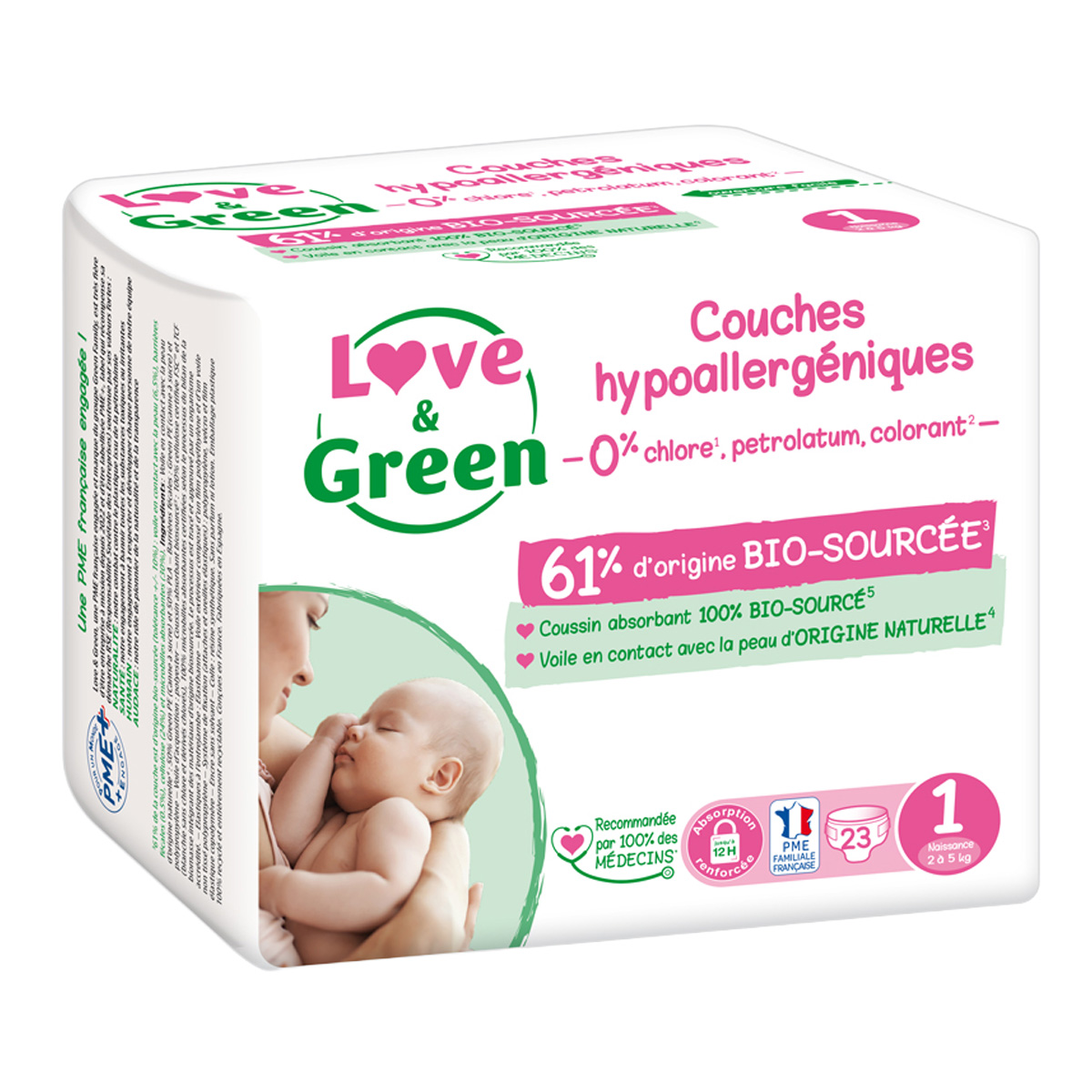 Paquet Love & Green de 23 couches hypoallergéniques taille 1 pour nouveau-né chez Greenweez