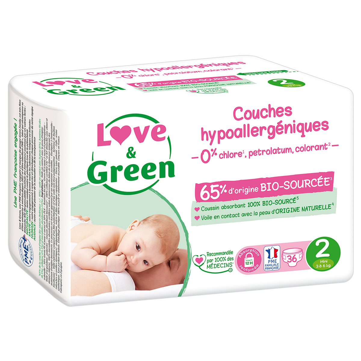Paquet de 36 couches hypoallergéniques Love & Green taille 2 pour bébé de 3 à 6 kg