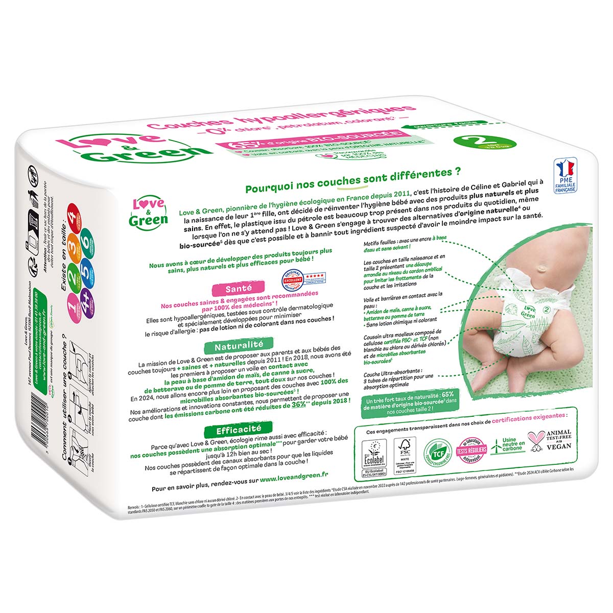 Informations produit au dos du paquet de couches Love & Green taille 2