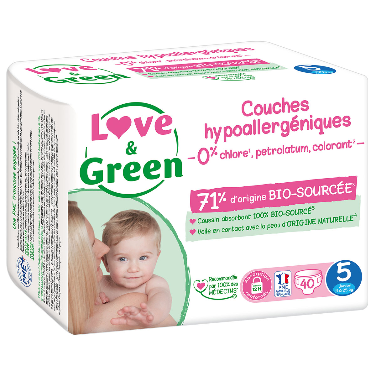 Paquet Love & Green de 40 couches hypoallergéniques taille 5 vendu chez Greenweez