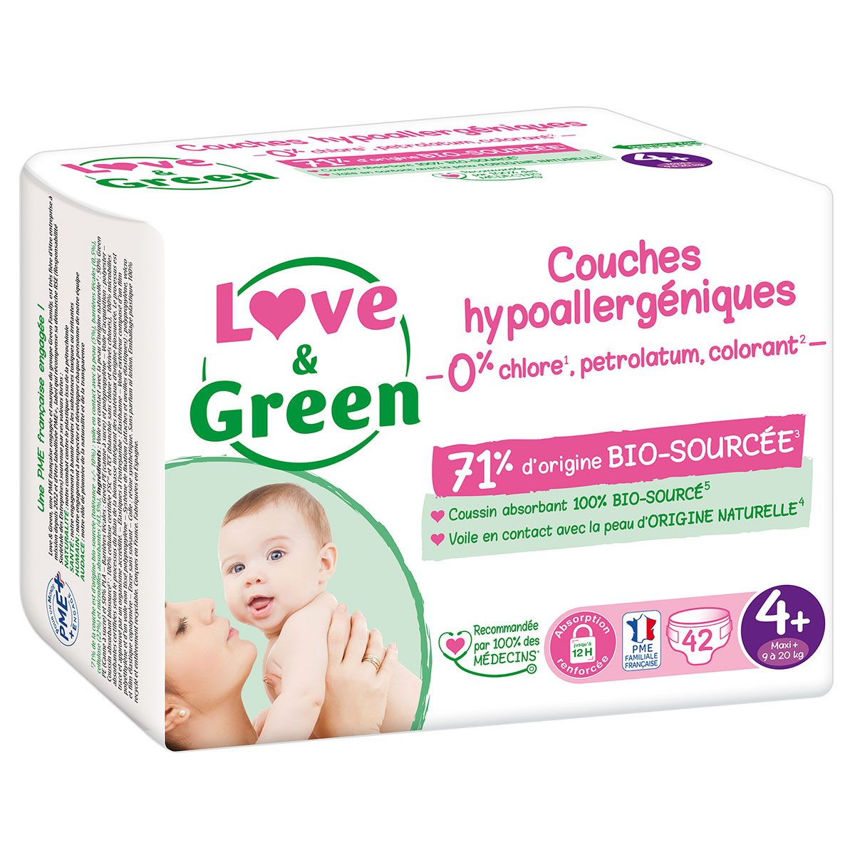 Paquet de 42 couches hypoallergéniques Love & Green taille 4 plus pour bébé de 9 à 20 kg
