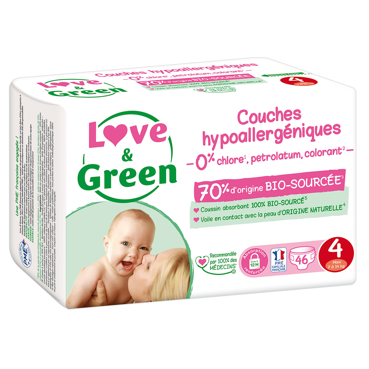 Paquet Love & Green de 46 couches hypoallergéniques taille 4 vendu chez Greenweez