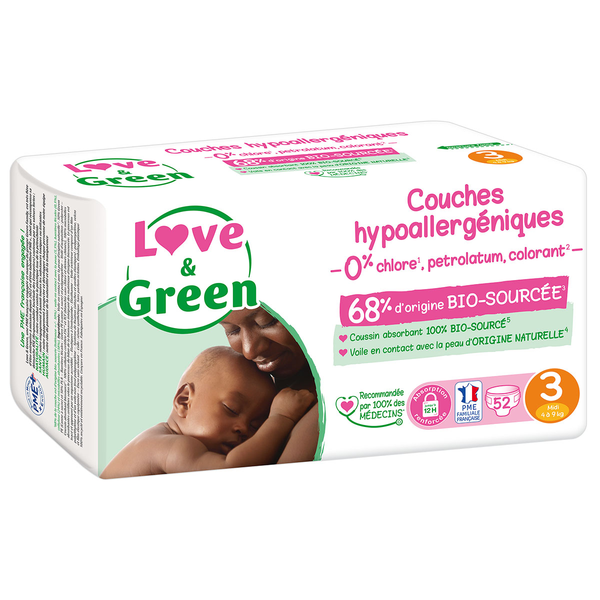 Paquet Love & Green de 52 couches hypoallergéniques taille 3 vendu chez Greenweez