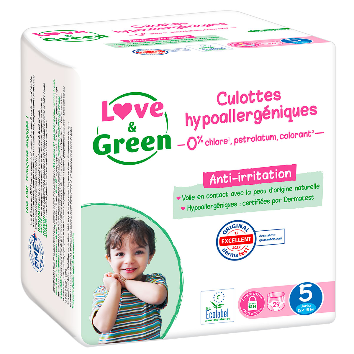 Paquet de culottes d’apprentissage hypoallergéniques Love & Green taille 5 pour bébé de 12 à 18 kg