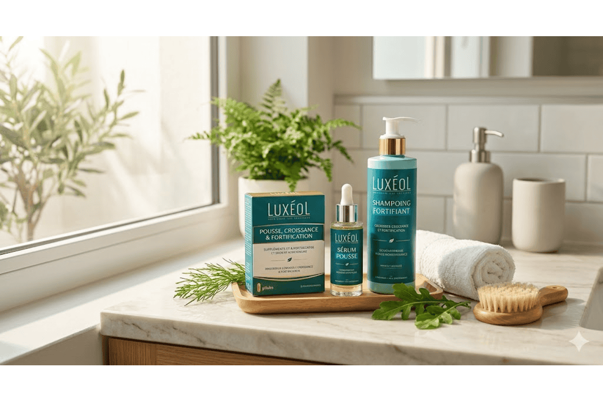 Luxéol gamme bleue gélules pousse sérum shampoing fortifiant plateau bois fougère salle de bain marbre brosse