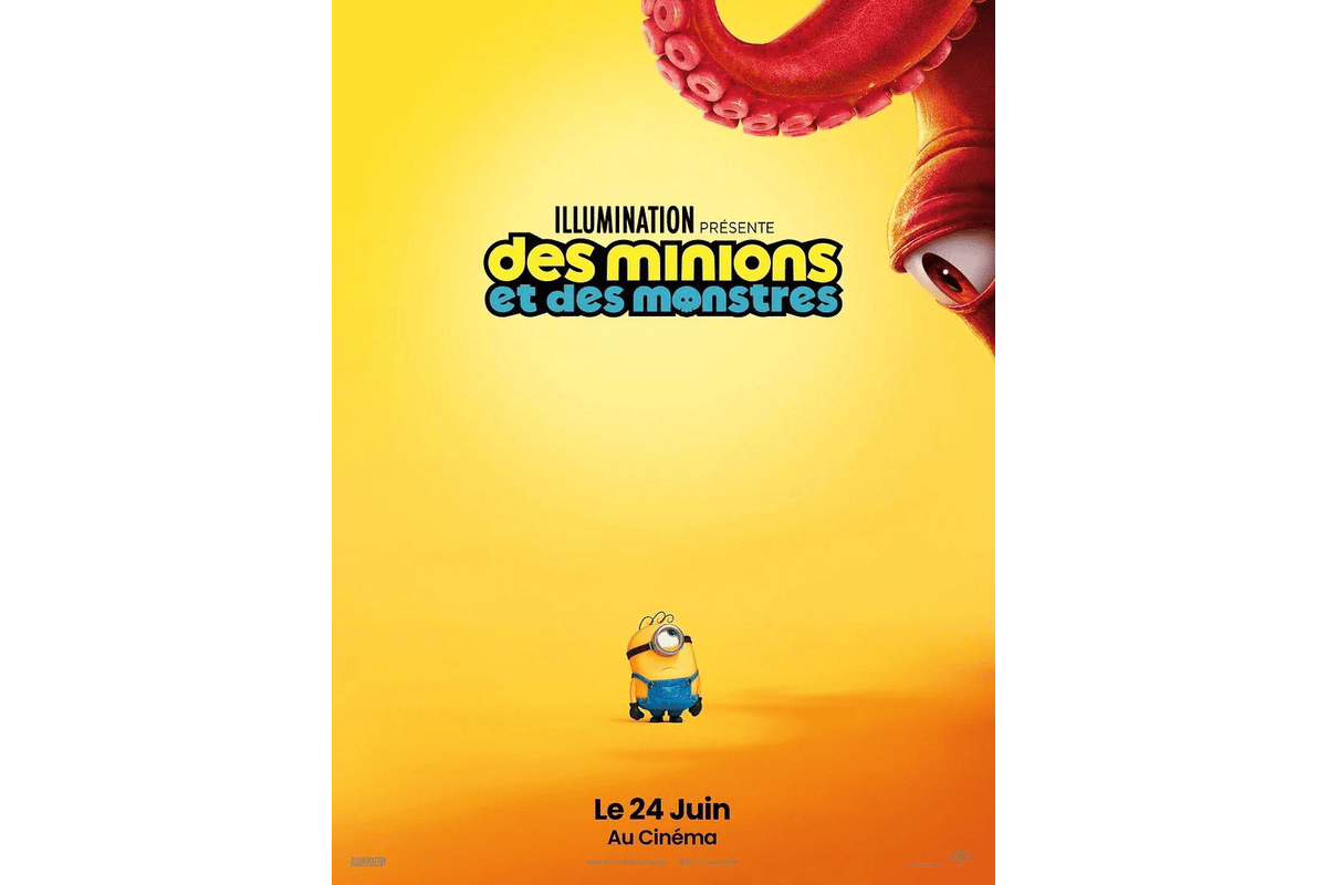 Affiche Des Minions et des Monstres film Illumination 2026 avec Minion en salopette bleue et tentacule de poulpe orange sur fond jaune sortie 24 juin au cinéma