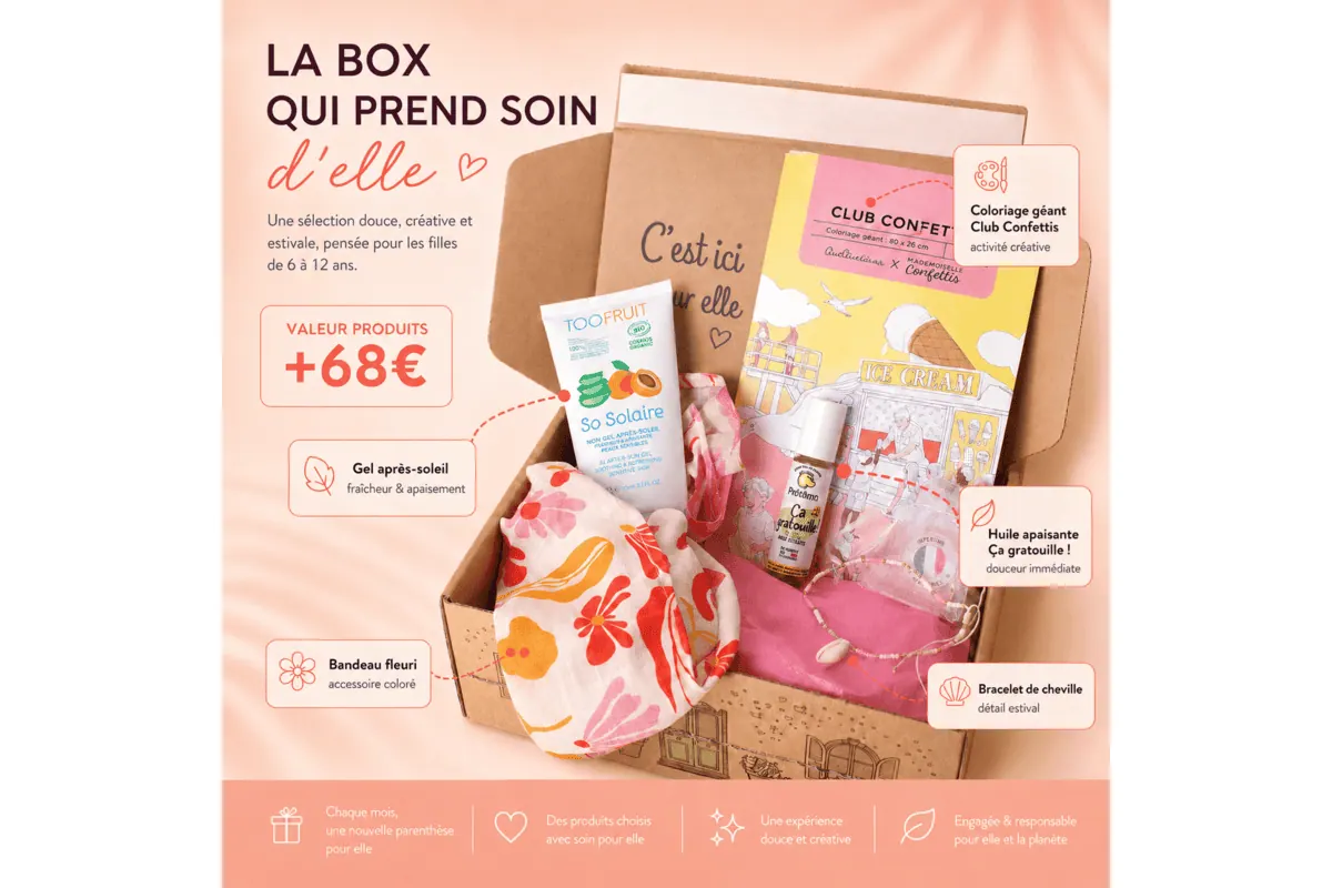 Mademoiselle Confettis box mensuelle fille 6-12 ans soldes -45 % abonnement 32,90 euros au lieu de 60 euros abonnement box mensuelle enfant