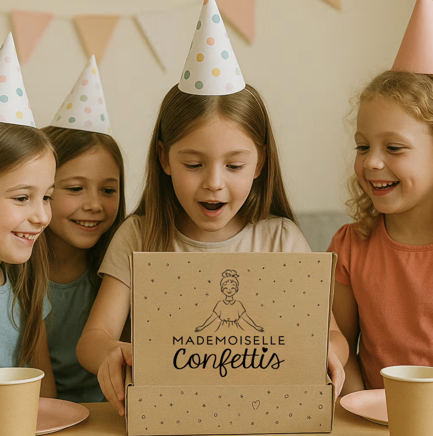 Petites filles ouvrant leur box anniversaire Mademoiselle Confettis