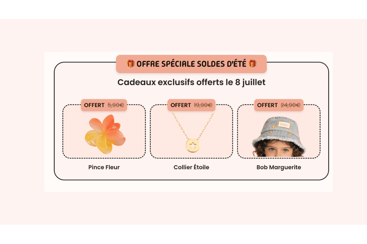 Mademoiselle Confettis offre spéciale soldes d'été 3 cadeaux offerts le 8 juillet pince fleur 5,90 euros collier étoile 19,90 euros bob marguerite 24,90 euros