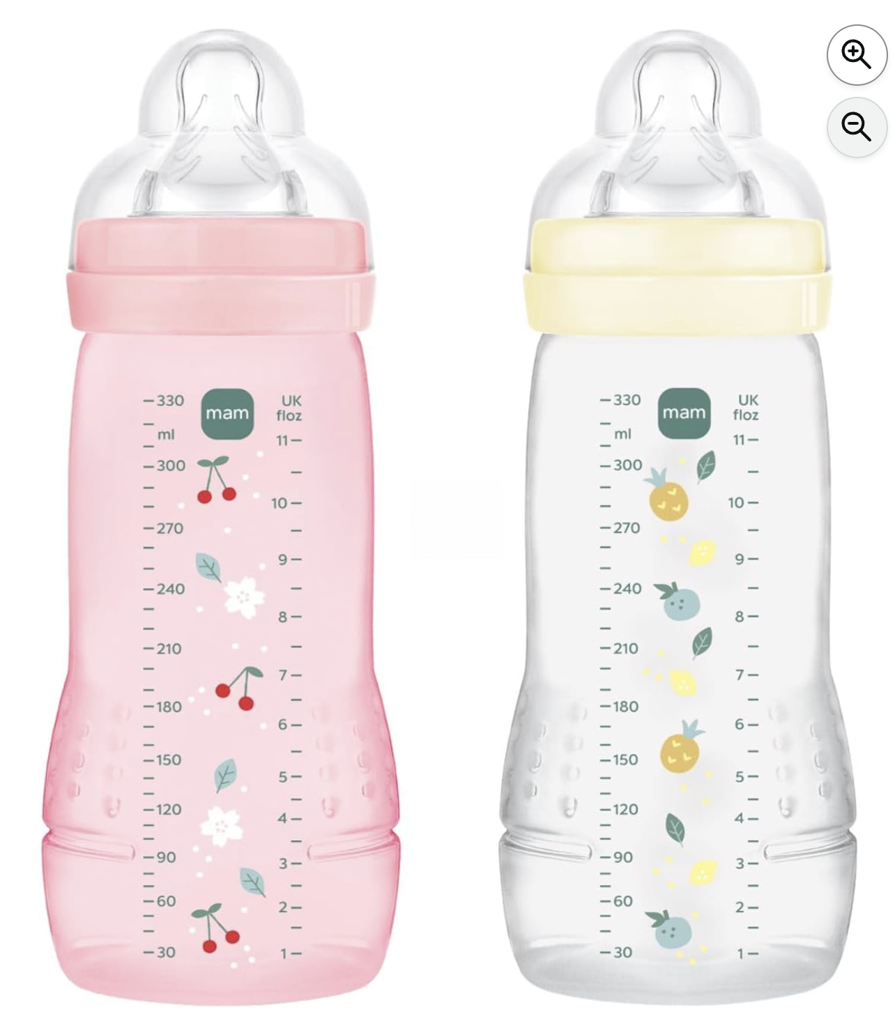 MAM Easy Active lot 2 biberons 330ml Berry et Pearl dès 6 mois tétine SkinSoft