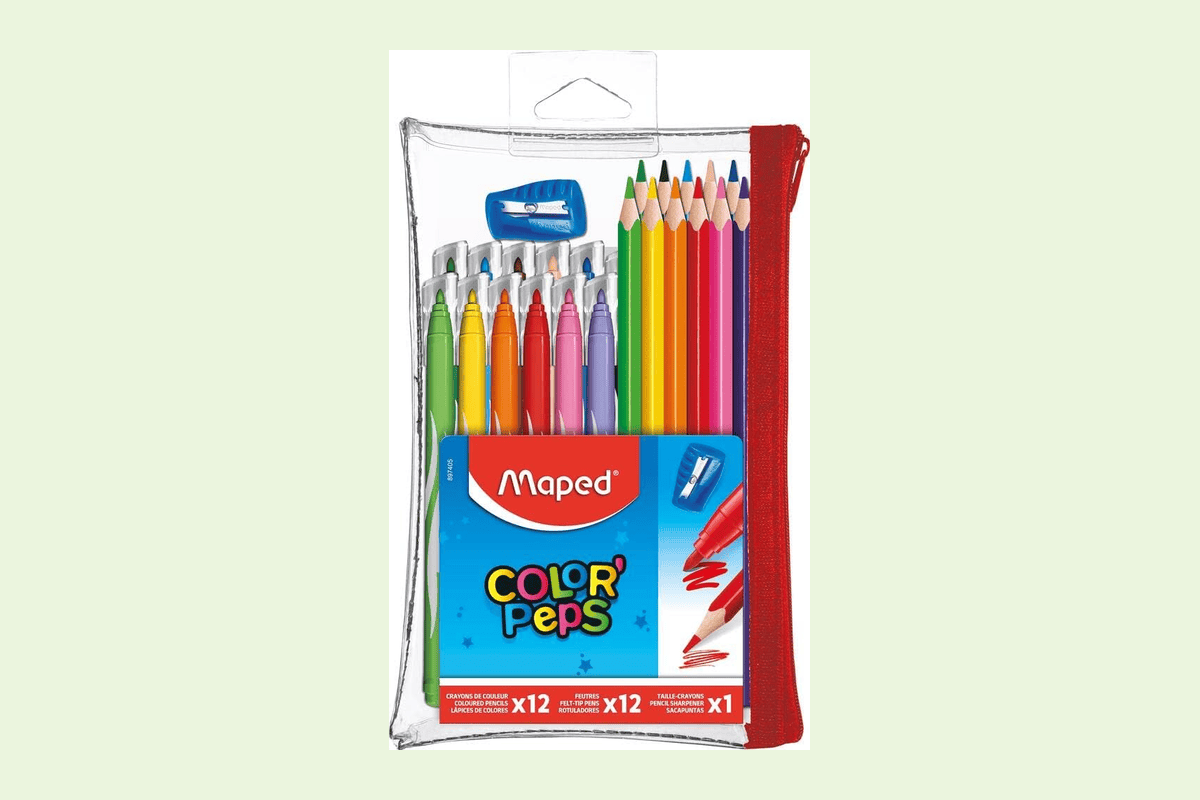 Maped Color'Peps Trousse Garnie Transparente 12 crayons couleur 12 feutres lavables ciseaux règle