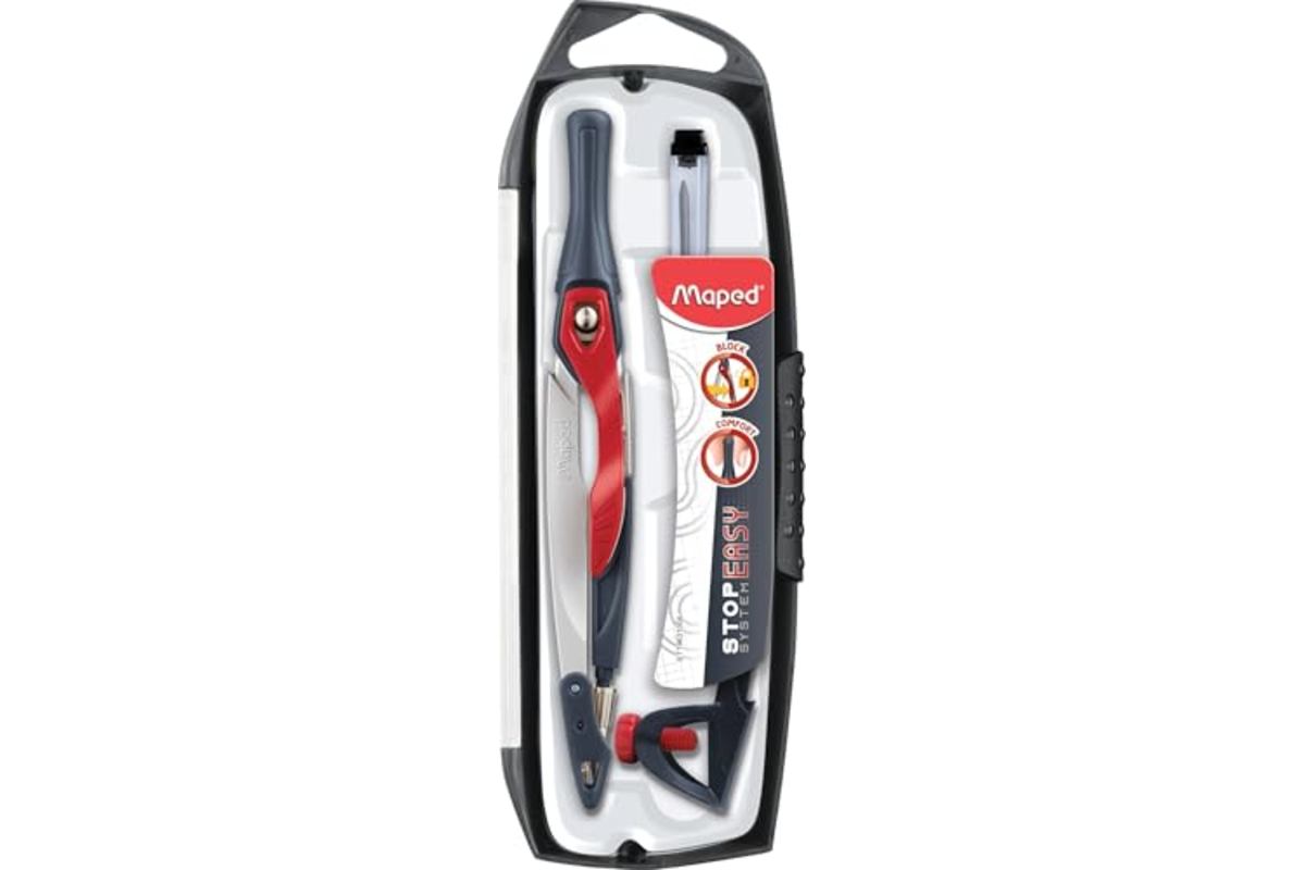 Compas Maped Stop Easy rouge et gris dans son étui de protection