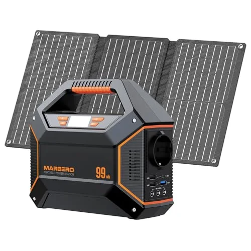 Station électrique portable MARBERO 99 Wh accompagnée de son panneau solaire pliable 30 W