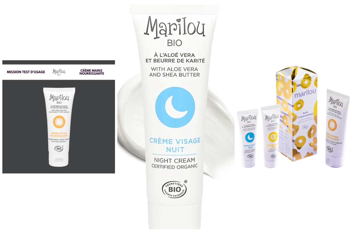 Trois soins Marilou Bio : crème mains nourrissante, crème visage de nuit au beurre de karité et coffret crème de jour