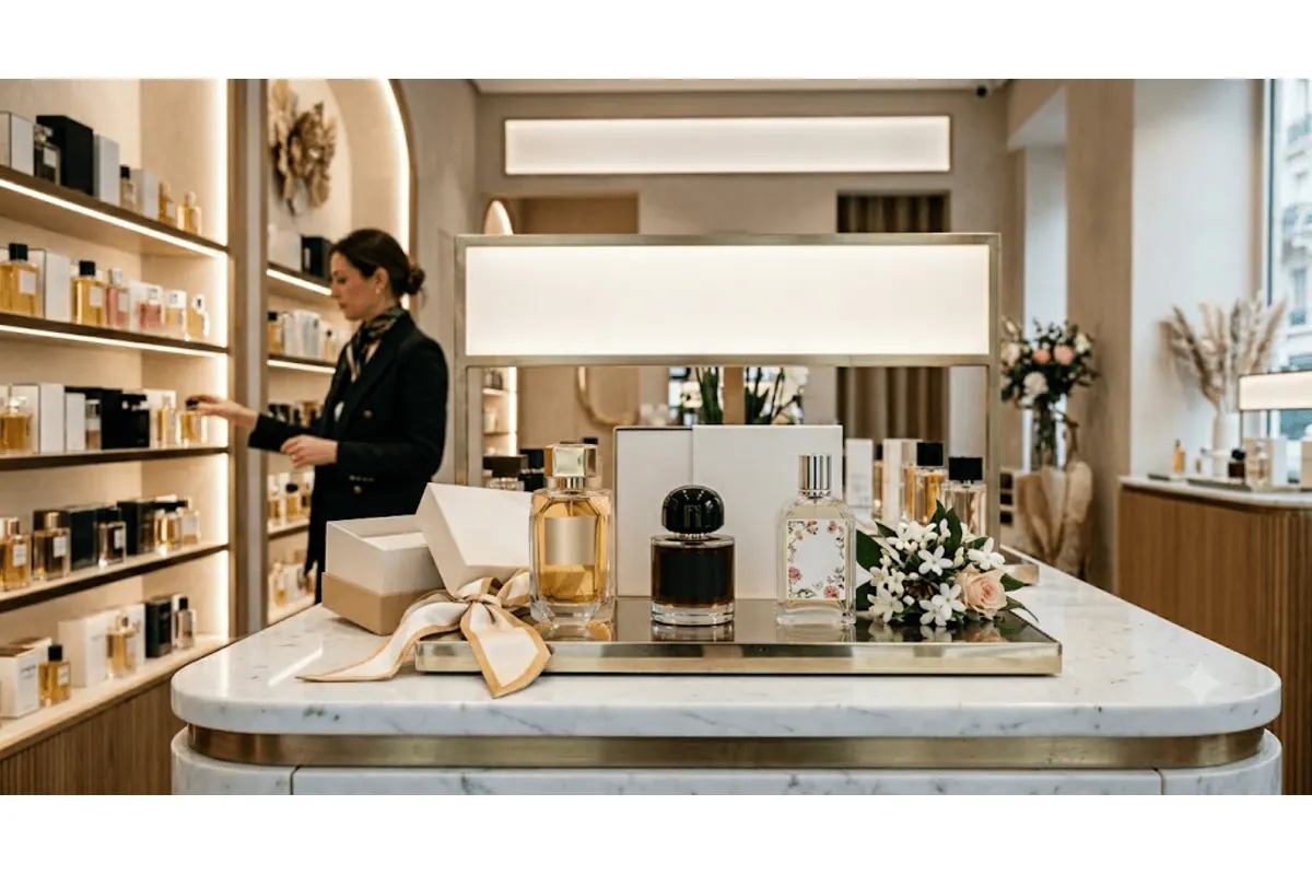 News Parfums intérieur boutique haut de gamme : flacons de parfum sur comptoir marbre avec ruban doré et bouquet, étalages éclairés en arrière-plan