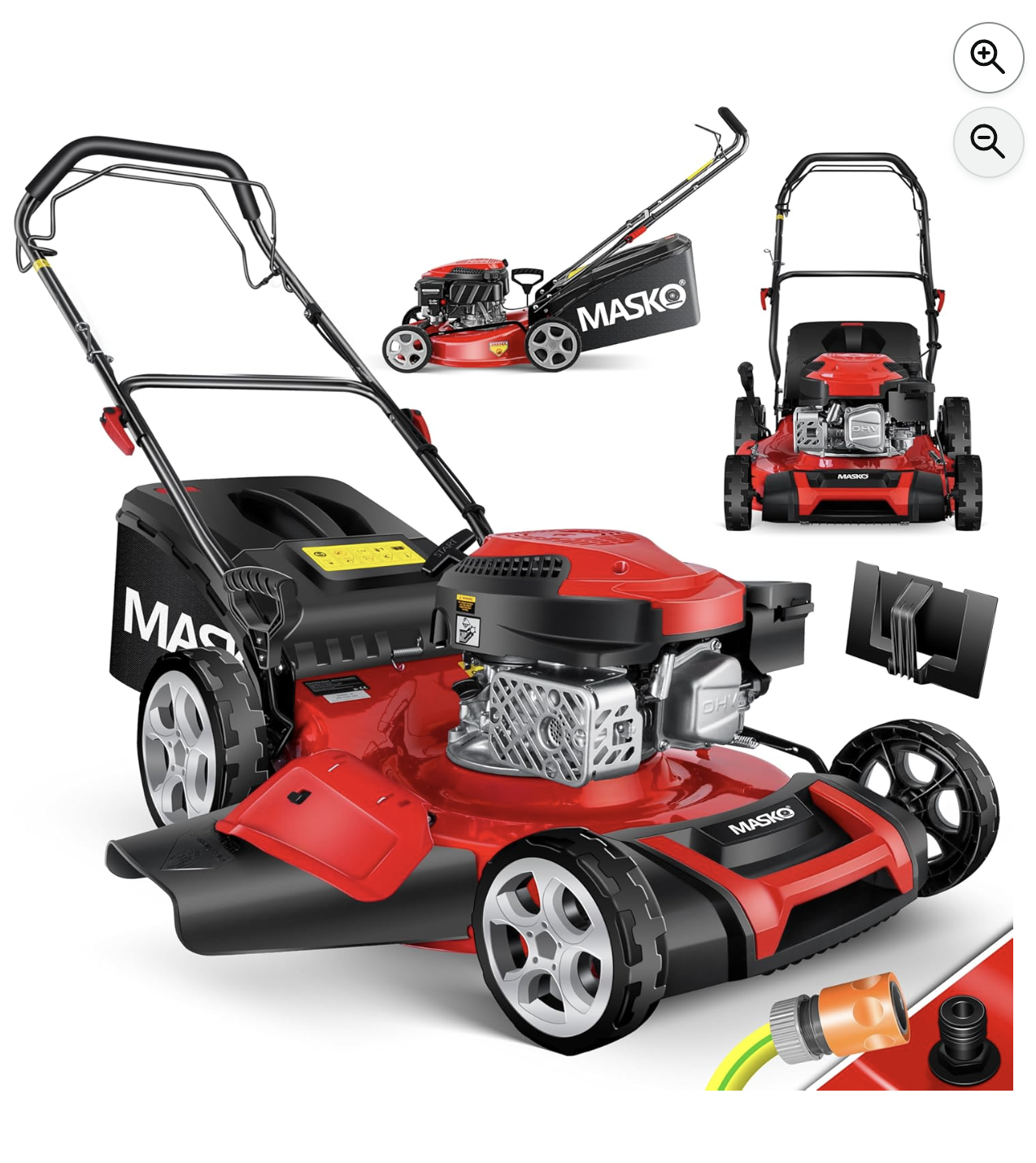 Tondeuse à essence Masko 5 en 1 rouge et noir largeur 51 cm avec bac et accessoires