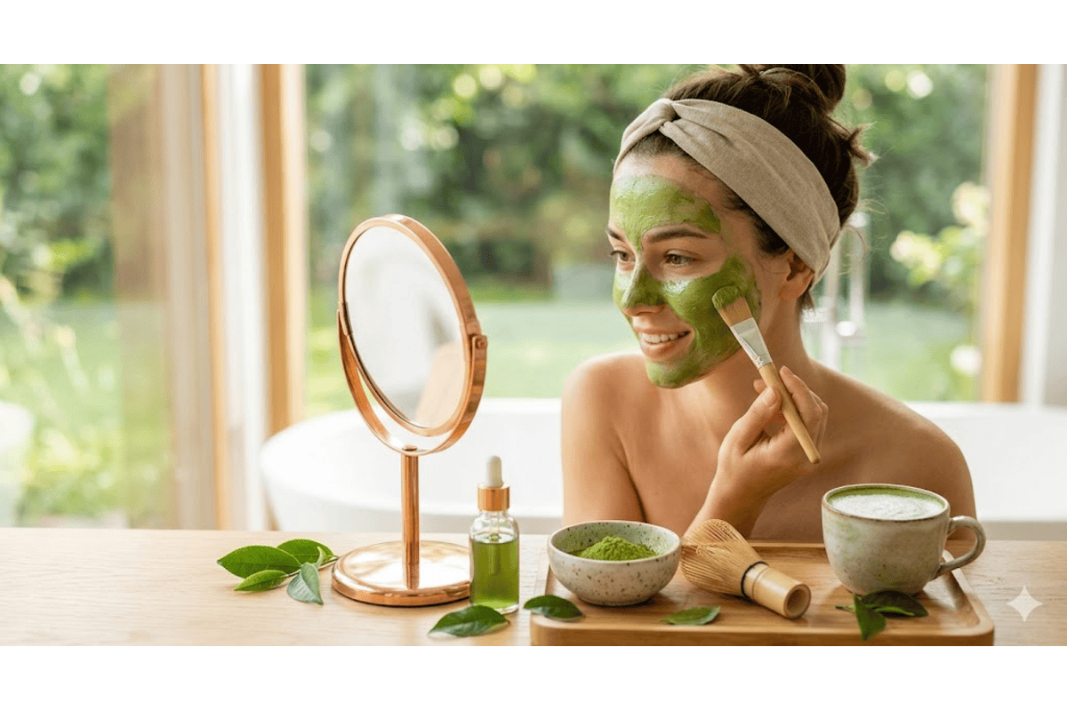 Femme masque visage matcha vert applique pinceau bambou bol poudre fouet chasen sérum tasse latte miroir doré