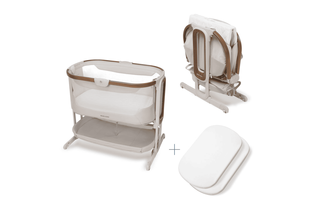 Berceau cododo Maxi-Cosi Iora Pro beige élégance avec matelas CloudCore vue 3/4 et pliage pliable à plat avec sac de transport