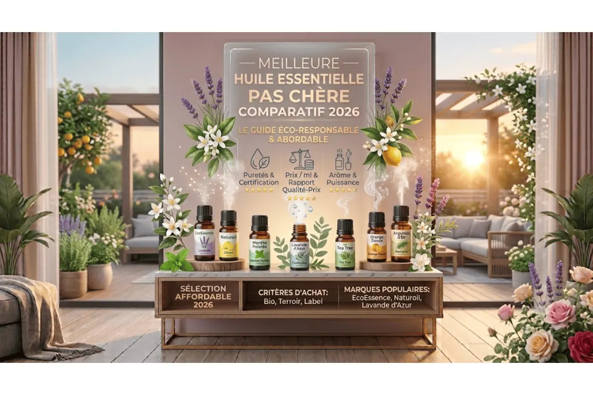 Comparatif meilleures huiles essentielles pas chères 2026 Puressentiel Pranarôm Naissance Aroma-Zone bio HEBBD lavande tea tree ravintsara aromathérapie
