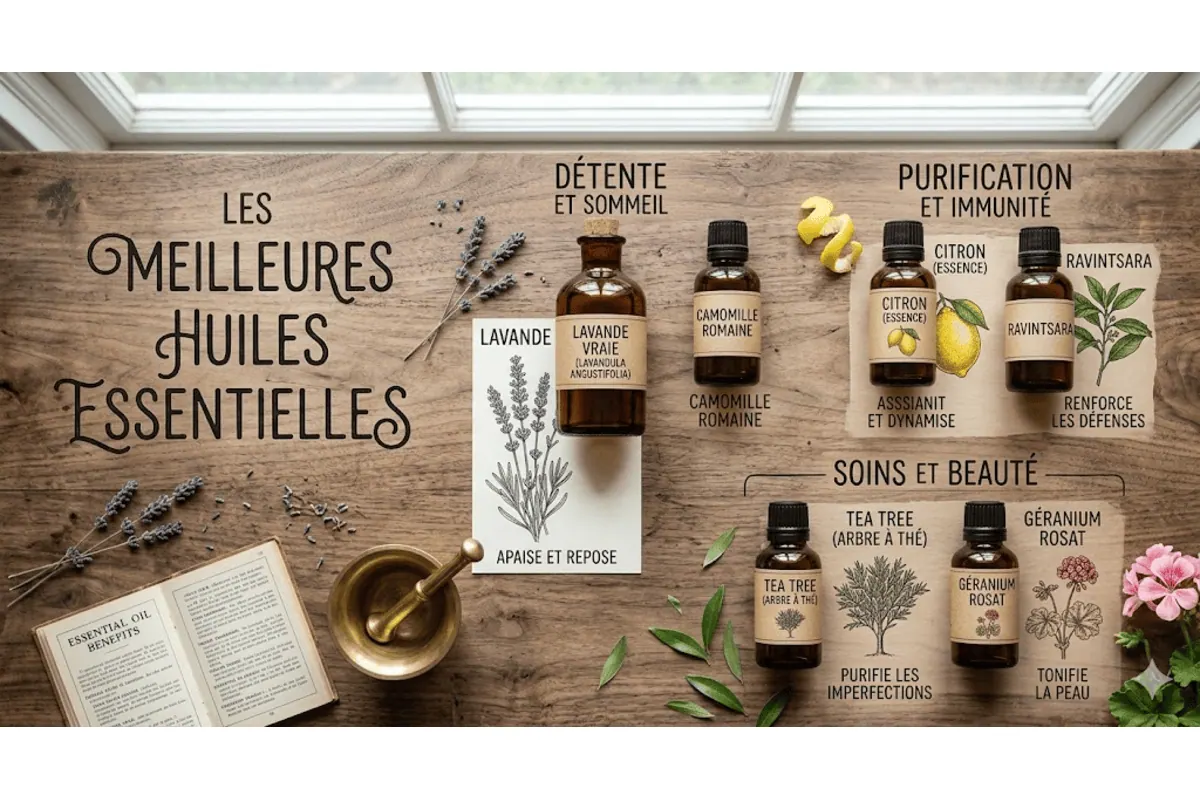 Les meilleures huiles essentielles 2026 lavande vraie camomille romaine tea tree géranium rosat citron ravintsara détente sommeil purification immunité soins beauté