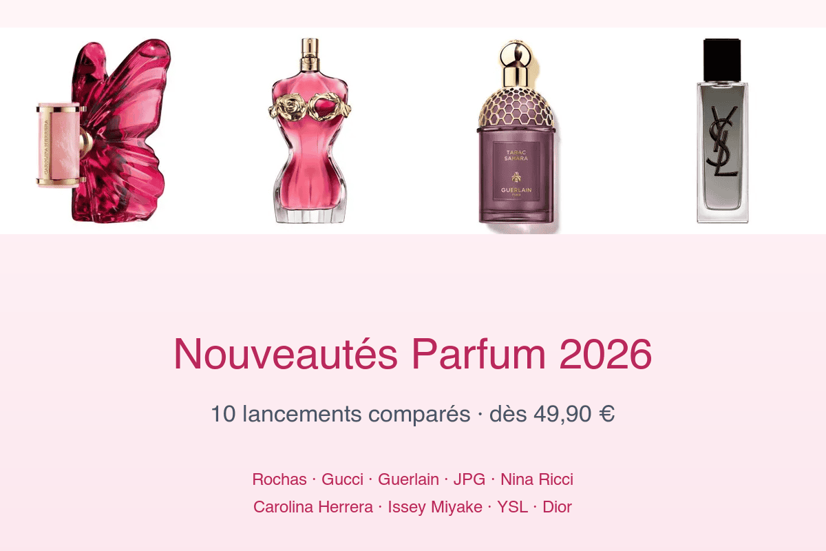 Comparatif meilleures nouveautés parfum 2026 : Carolina Herrera La Bomba, JPG La Belle Rosea, Guerlain Tabac Sahara, YSL MYSLF Intense, Rochas Audace, Gucci Bloom Ambrosia d'Oro, Nina Ricci Vénus Florale, Issey Miyake Eau Essentielle, Miss Dior Roller-Pearl