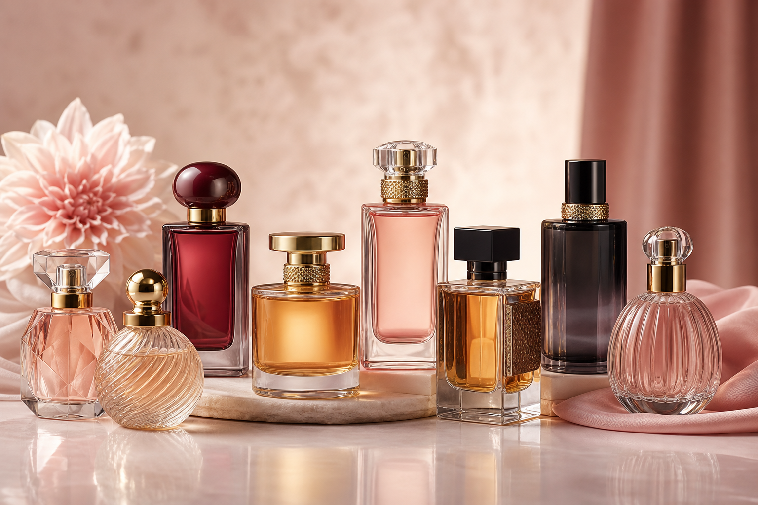 Collection de flacons de parfum sans marque sur un décor rose et ambré