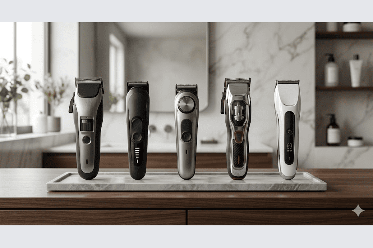 Meilleures tondeuses barbe cheveux 2026 5 modèles alignés salle de bain marbre Philips BaByliss Remington SUPRENT Hatteker