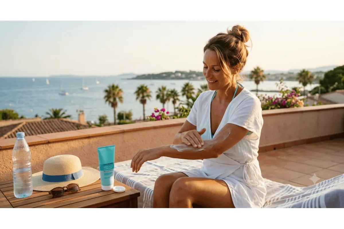 Comparatif meilleurs après-soleil 2026 — application crème après-soleil sur bras, ambiance vacances Méditerranée golden hour