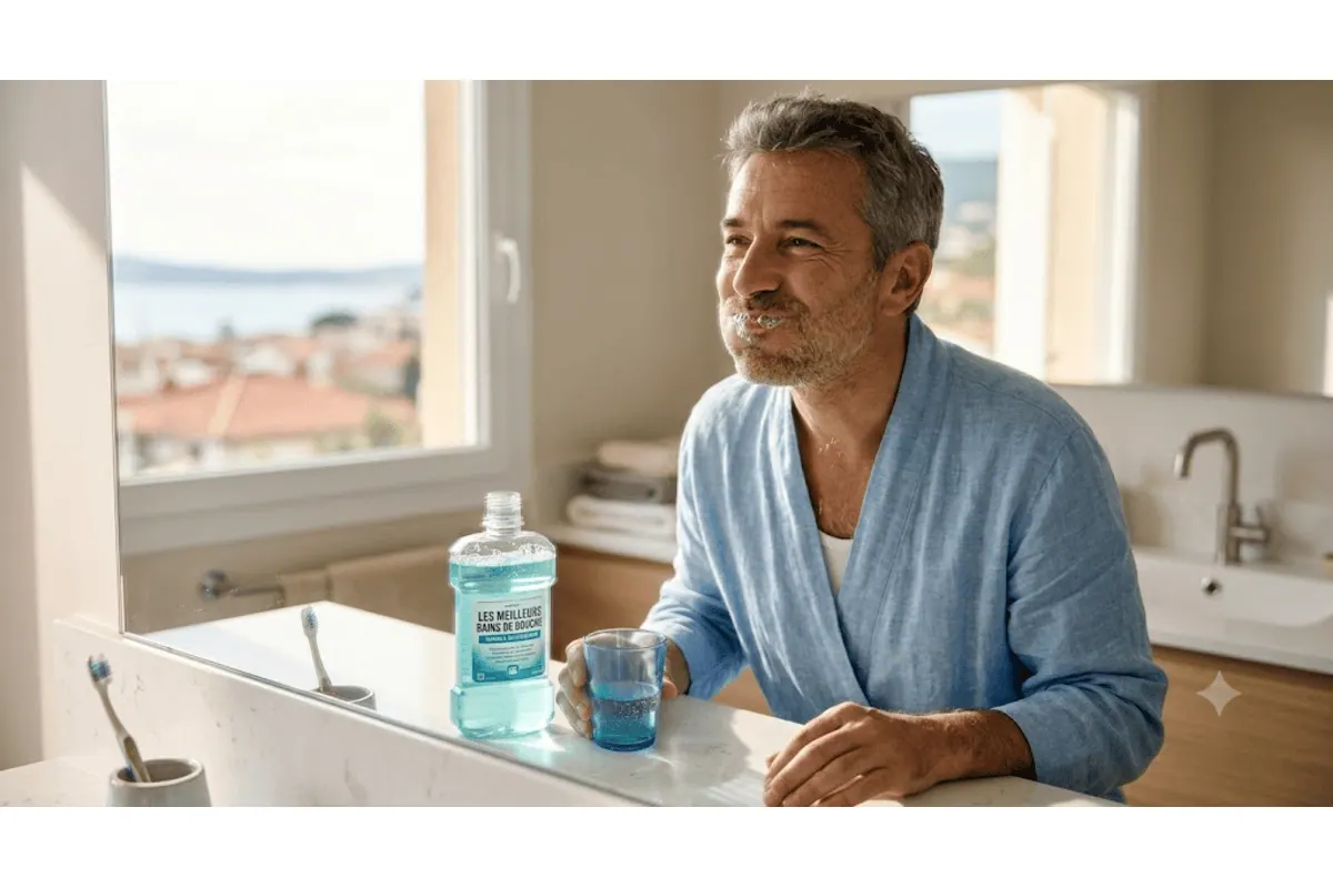 Comparatif meilleurs bains de bouche 2026 — homme en peignoir dans salle de bain avec bouteille bain de bouche et verre bleu, ambiance matinale