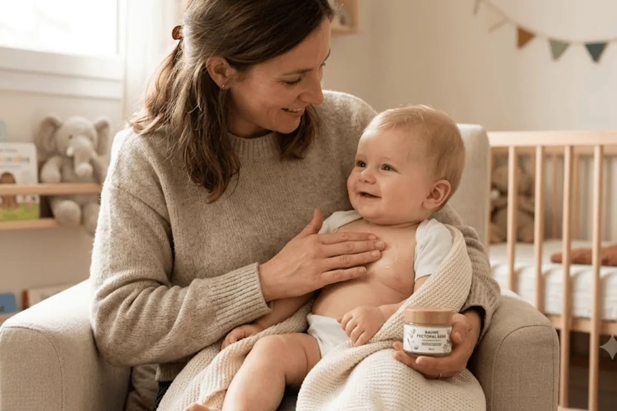 Maman applique un baume pectoral bébé sur son enfant souriant dans une chambre cosy - guide 2026 des meilleurs baumes pectoraux dès la naissance