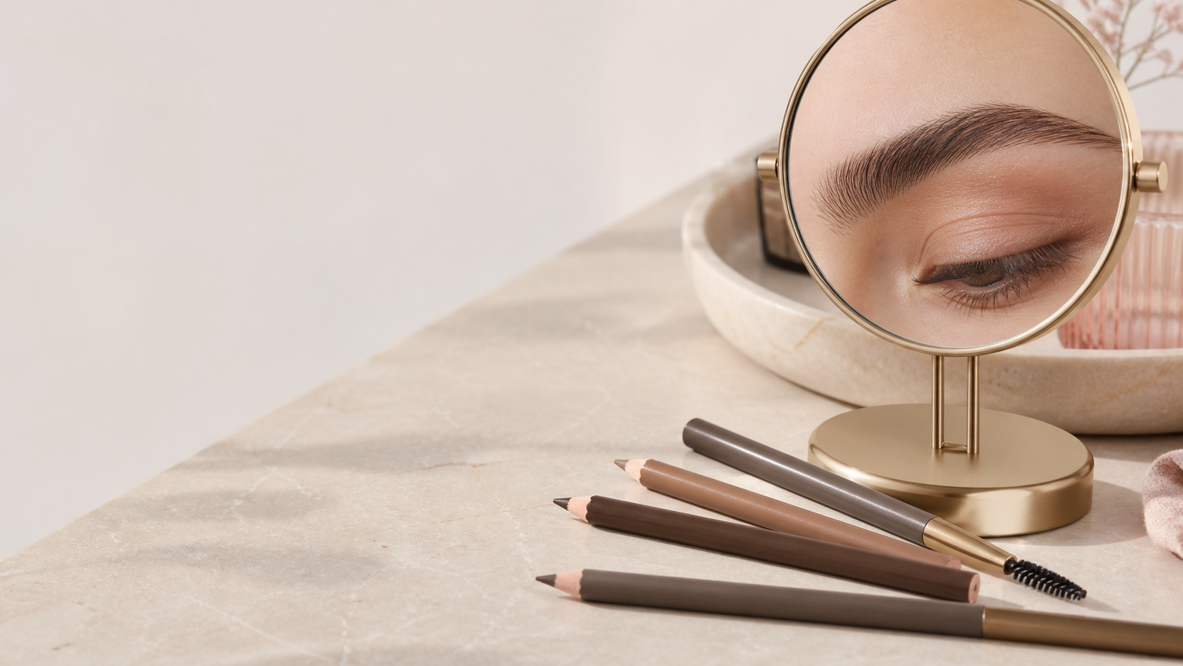 Comparatif des meilleurs crayons à sourcils 2026 avec mines brunes, goupillon et sourcil naturel dans un miroir