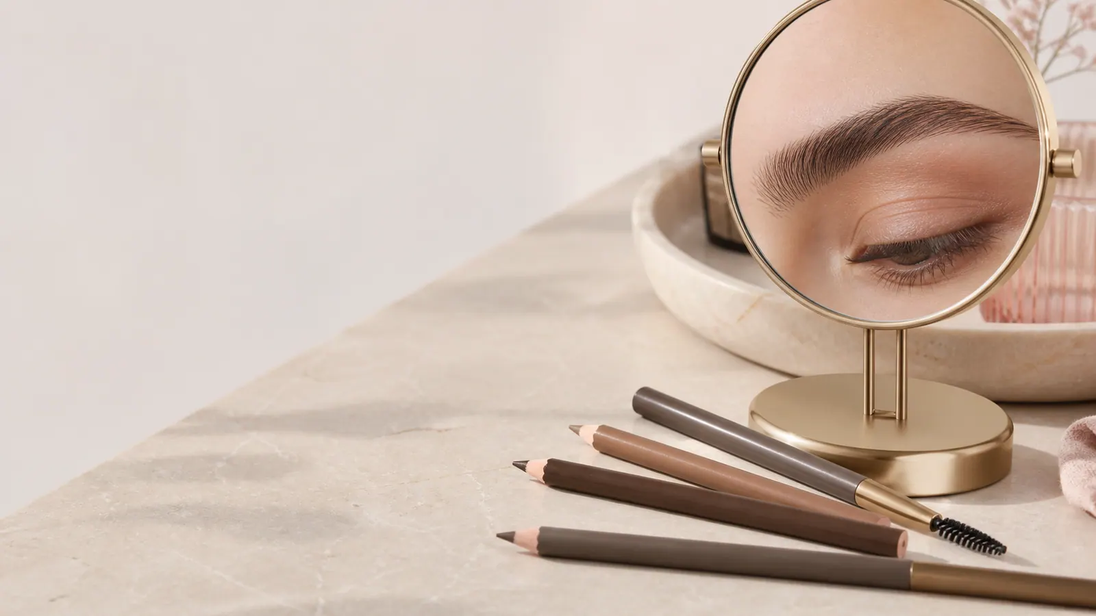 Comparatif des meilleurs crayons à sourcils 2026 avec mines brunes, goupillon et sourcil naturel dans un miroir
